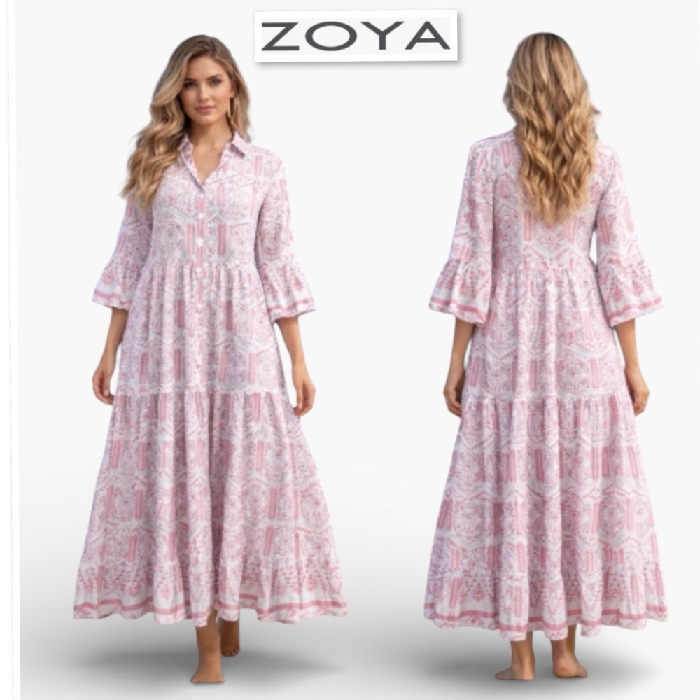 Zoya Pink & White Boho Tiered Maxi Dress – Size 3 (US L)